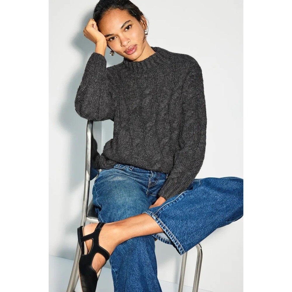 ROAM Gray Avignon Cable Knit Mock Neck Sweater - Size L